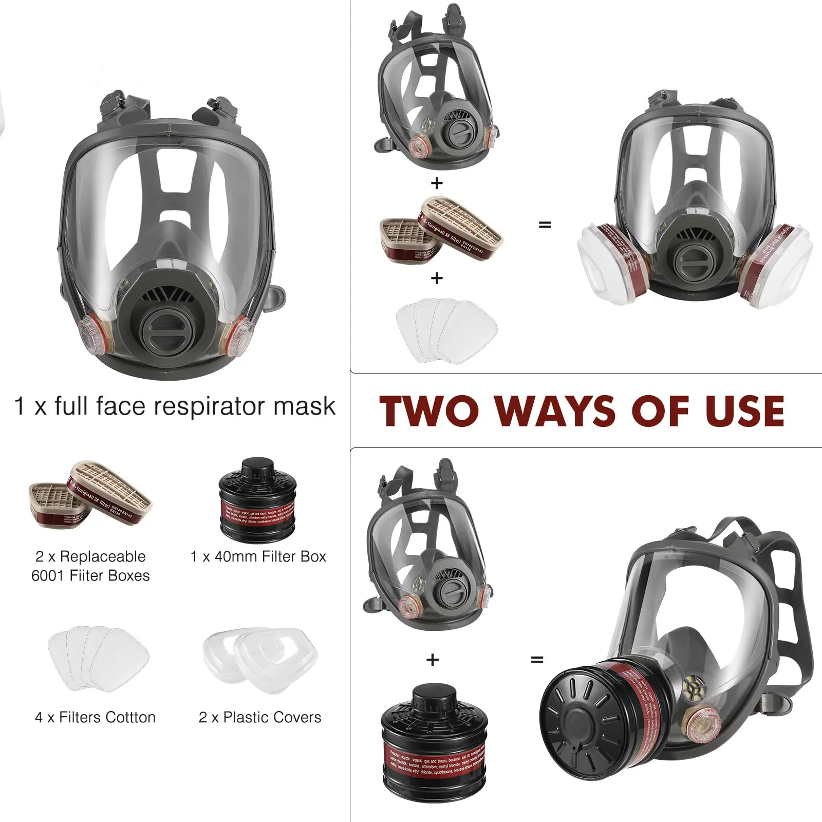 Full Face Gas Masks Survival Chemical Respirator with 40mm Filter, Full Face Respirator Gas Mask with 40mm Activated Full Face Gas Masks Survival Chemical Respirator with 40mm Filter, Full Face Respirator Gas Mask with 40mm Activated