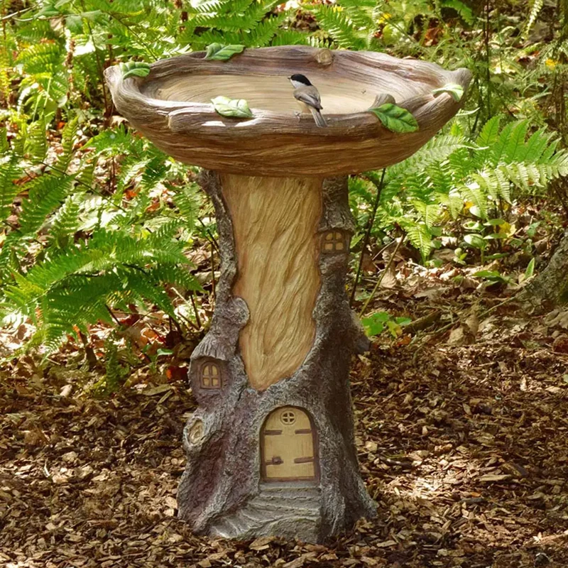 Full-Size Fairy Garden Birdbath Wood-Look Resin Landscape Accent For Home And Garden Full-Size Fairy Garden Birdbath Wood-Look Resin Landscape Accent For Home And Garden