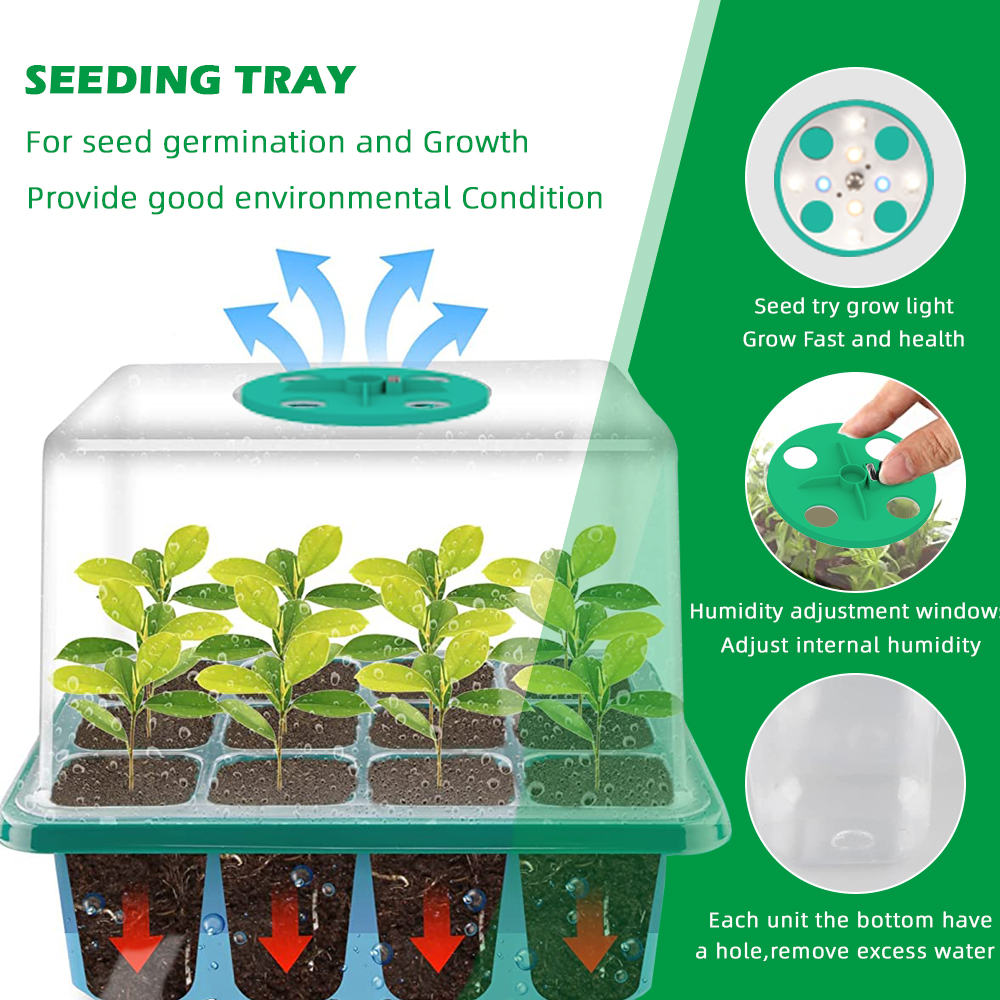 Full Spectrum LED Grow Light with Seedling Tray Plant Seed Starter Trays, Greenhouse Growing Trays with Holes 12 Cell