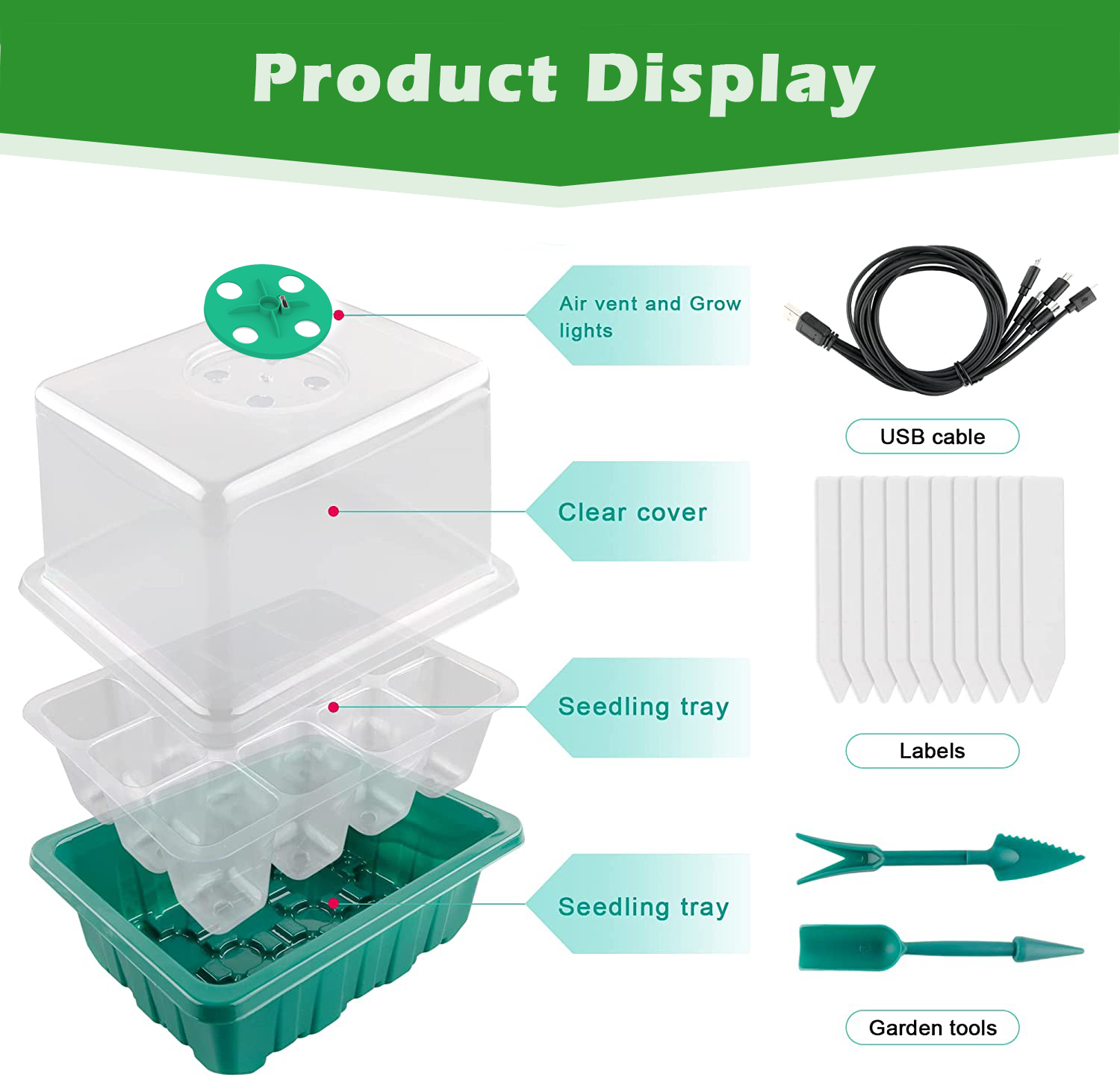 Full Spectrum LED Grow Light with Seedling Tray Plant Seed Starter Trays, Greenhouse Growing Trays with Holes 12 Cell