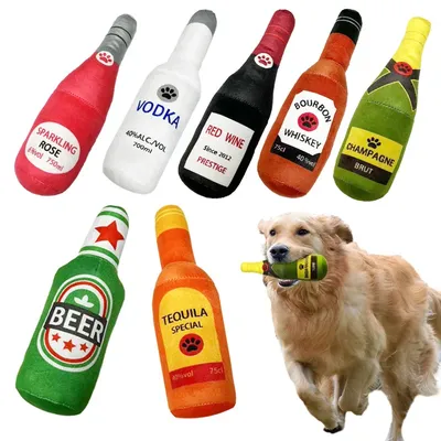 Funny Plush Dog Toys Beer Bottle Shaped Small Large Dogs Squeak Sound Clean Teeth Chew Toy Pets Interactive Playing