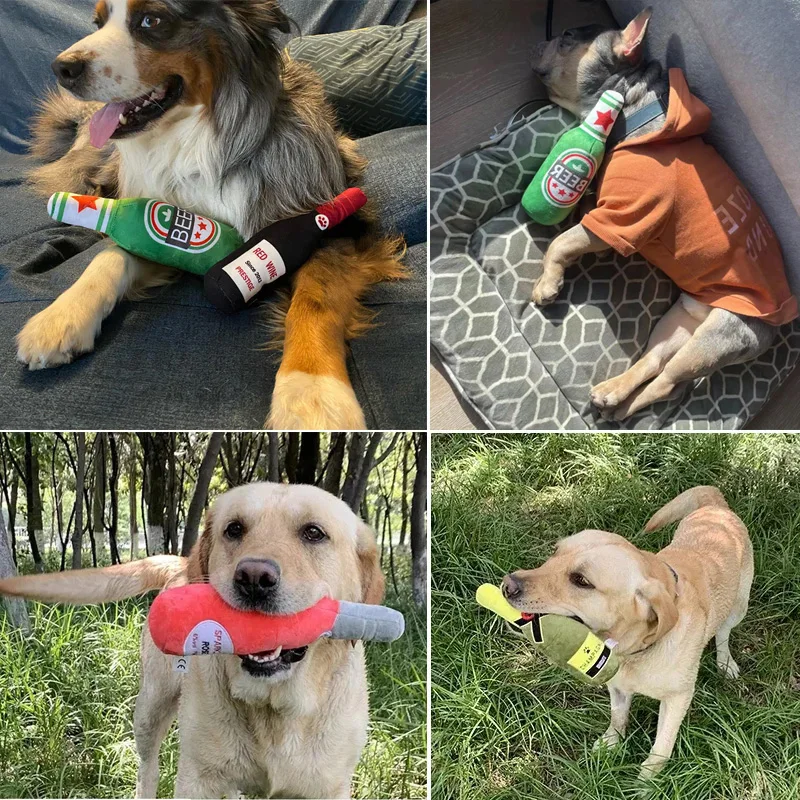 Funny Plush Dog Toys Beer Bottle Shaped Small Large Dogs Squeak Sound Clean Teeth Chew Toy Pets Interactive Playing