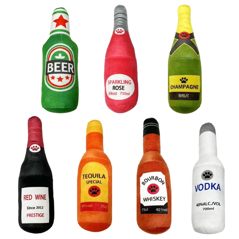 Funny Plush Dog Toys Beer Bottle Shaped Small Large Dogs Squeak Sound Clean Teeth Chew Toy Pets Interactive Playing