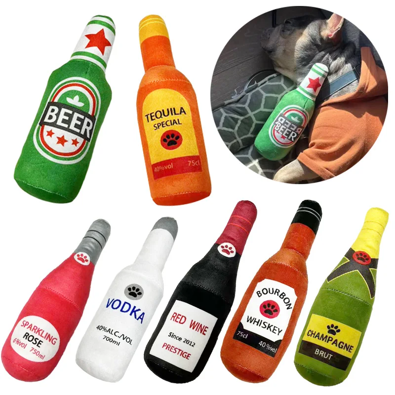 Funny Plush Dog Toys Beer Bottle Shaped Small Large Dogs Squeak Sound Clean Teeth Chew Toy Pets Interactive Playing