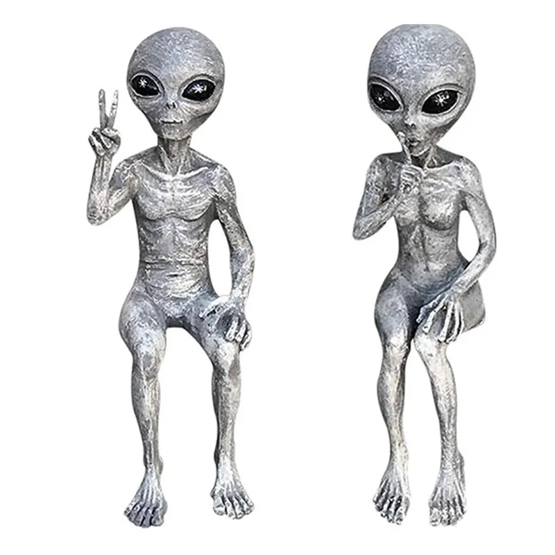 Funny Resin Alien Statue Outdoor Garden Decoration UFO Dwarf Sculpture Desktop Home Decor for Halloween Christmas
