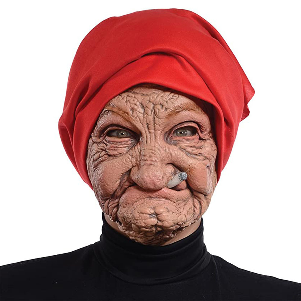 Funny Smoking Granny Old Nana Latex Mask Lady Grandma With Wrinkled Face and Red Scarf Masks Halloween Party Costume Funny Smoking Granny Old Nana Latex Mask Lady Grandma With Wrinkled Face and Red Scarf Masks Halloween Party Costume