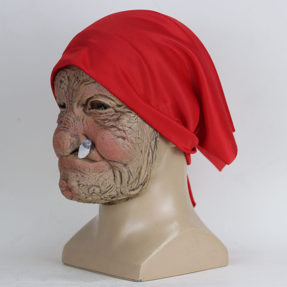 Funny Smoking Granny Old Nana Latex Mask Lady Grandma With Wrinkled Face and Red Scarf Masks Halloween Party Costume