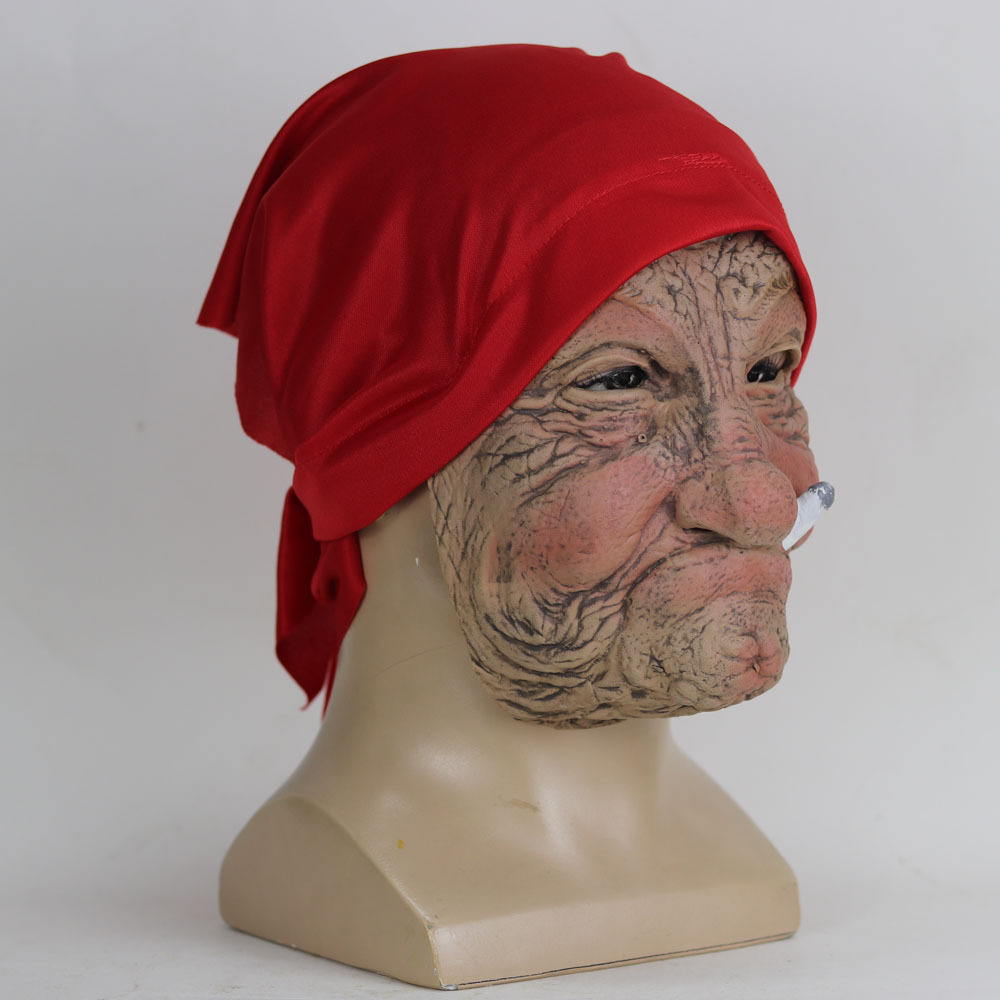 Funny Smoking Granny Old Nana Latex Mask Lady Grandma With Wrinkled Face and Red Scarf Masks Halloween Party Costume