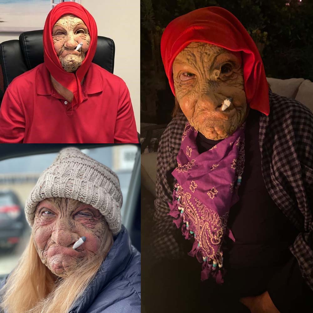 Funny Smoking Granny Old Nana Latex Mask Lady Grandma With Wrinkled Face and Red Scarf Masks Halloween Party Costume