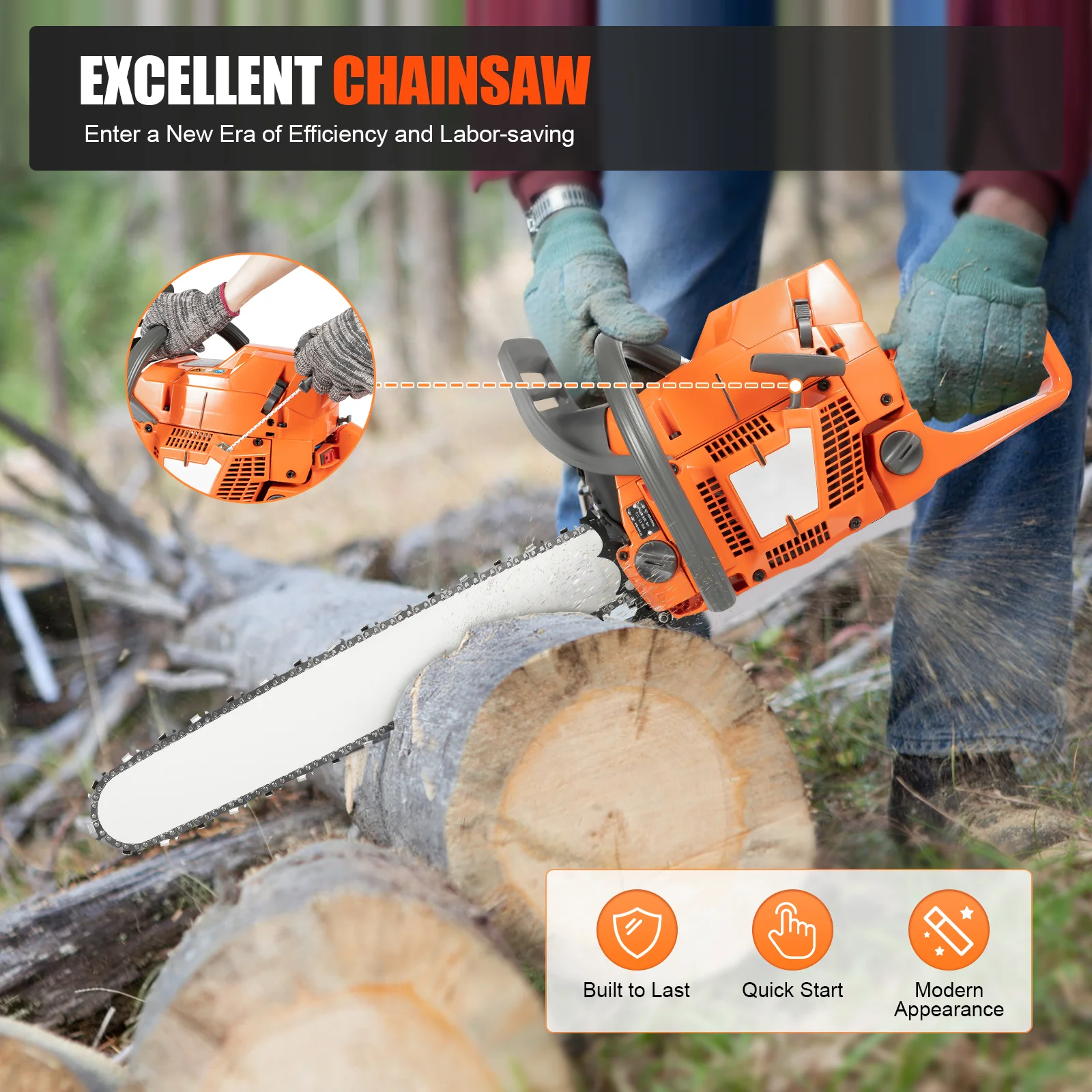Gasoline Power Chain Saws 24 inch Guide Bar 2 Cycle 65/72cc Gas Chainsaw Farm Garden Cutting Wood Crankcase Hand Pull