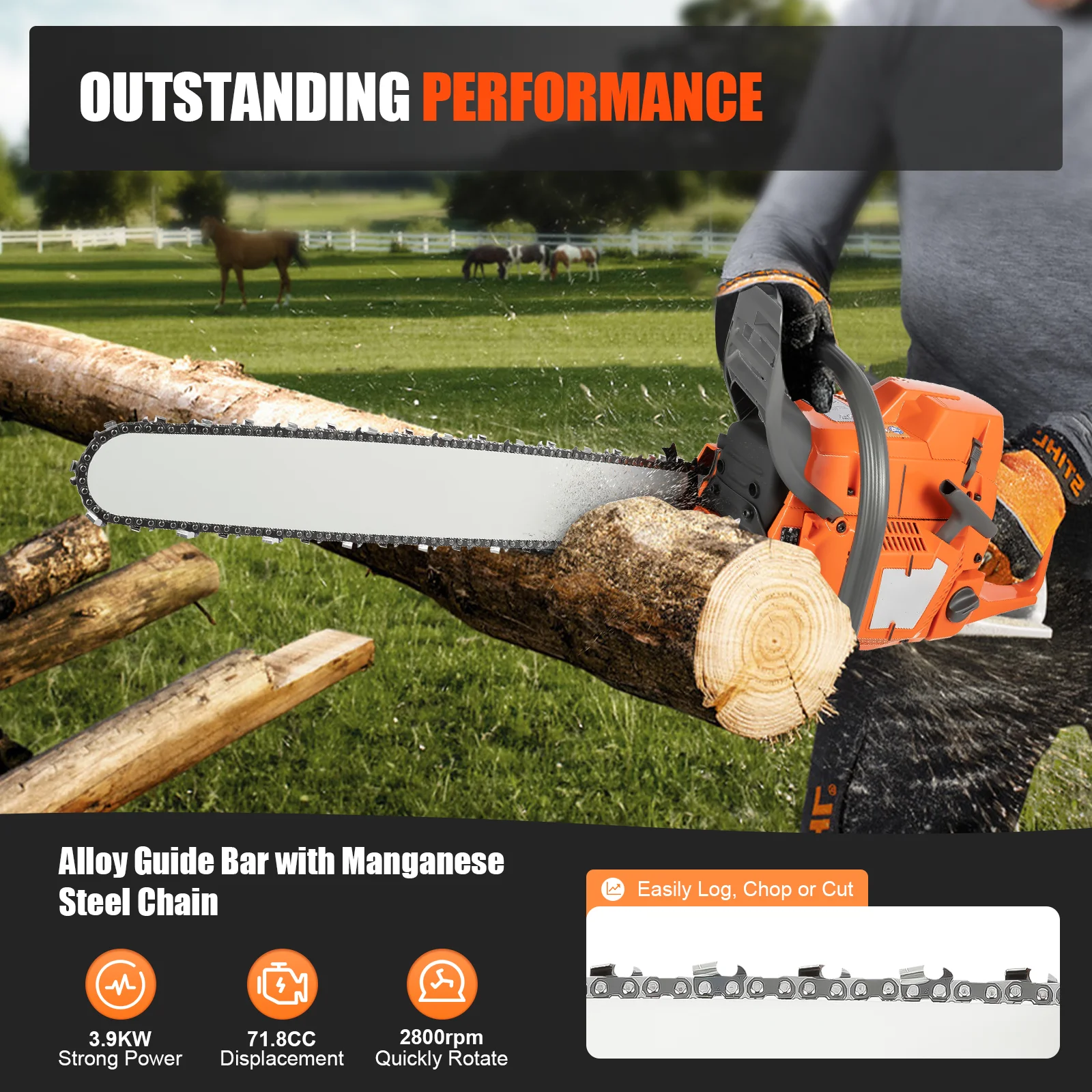 Gasoline Power Chain Saws 24 inch Guide Bar 2 Cycle 65/72cc Gas Chainsaw Farm Garden Cutting Wood Crankcase Hand Pull