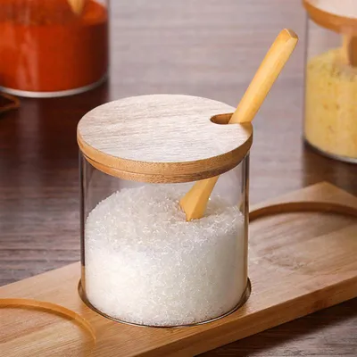 Glass Jar with Spoon and Wooden Lid Glass Jar with Spoon and Wooden Lid