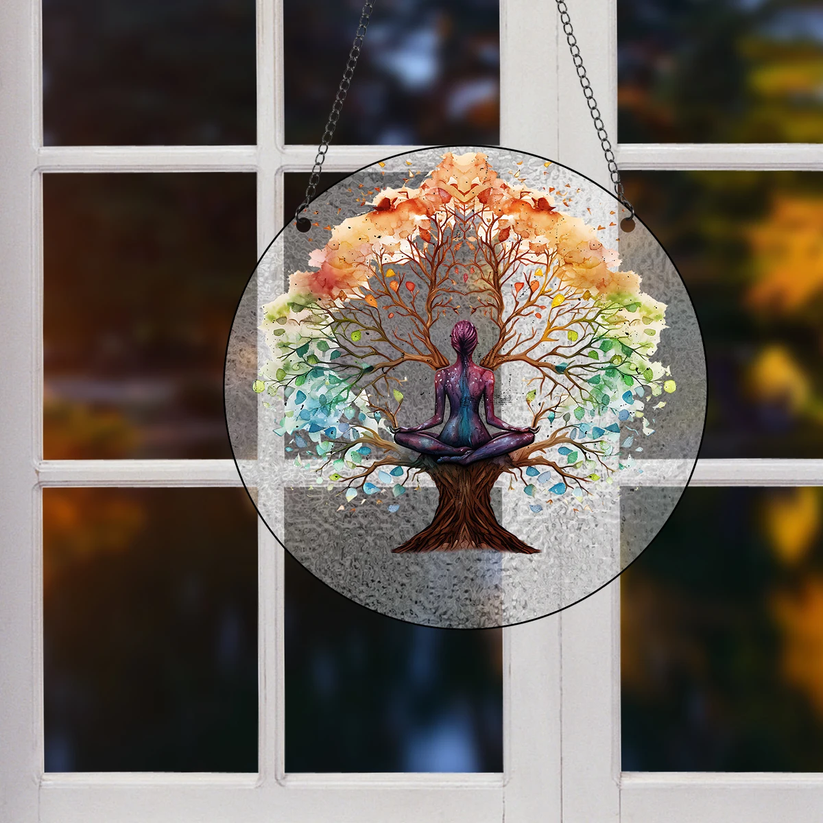 Glass Pattern Yoga Tree of Life Stained Suncatcher Four Seasons Theme Window Wall Hanging Ornament Glass Panel Decor
