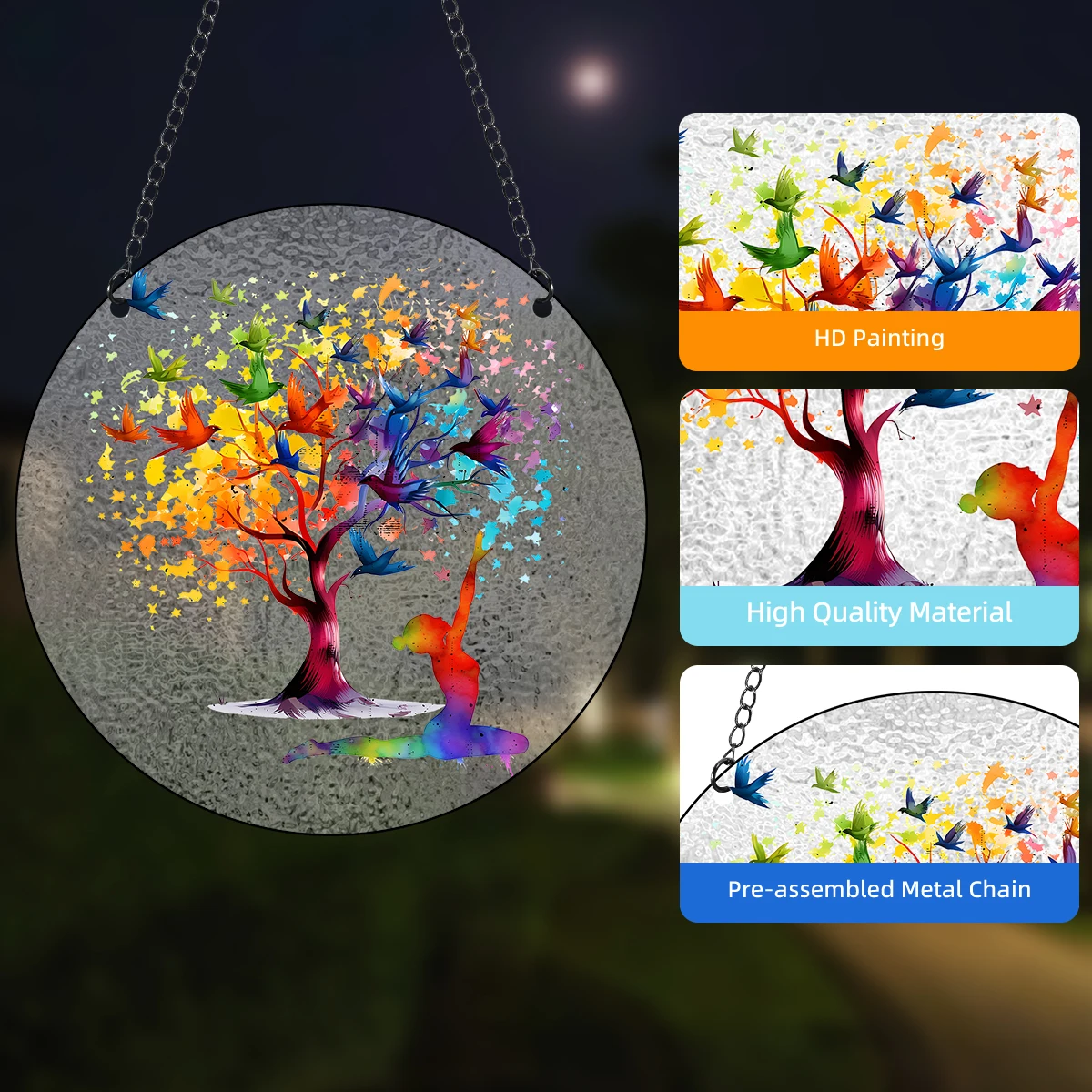 Glass Pattern Yoga Tree of Life Stained Suncatcher Four Seasons Theme Window Wall Hanging Ornament Glass Panel Decor