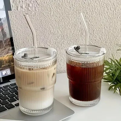 Glass Tumbler With Lid And Straw 450ml Stripe Glass Cup Transparent Cup Drinkware Glass Tumbler With Lid And Straw 450ml Stripe Glass Cup Transparent Cup Drinkware