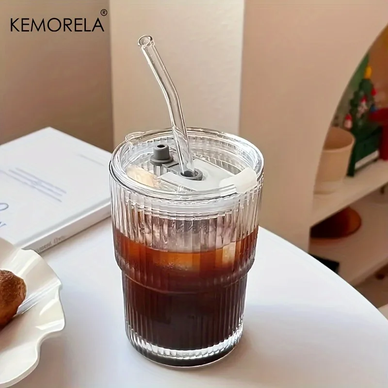 Glass Tumbler With Lid And Straw 450ml Stripe Glass Cup Transparent Cup Drinkware Glass Tumbler With Lid And Straw 450ml Stripe Glass Cup Transparent Cup Drinkware