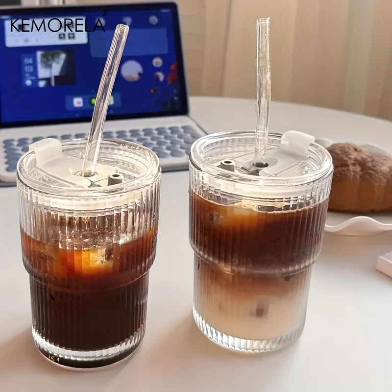 Glass Tumbler With Lid And Straw 450ml Stripe Glass Cup Transparent Cup Drinkware Glass Tumbler With Lid And Straw 450ml Stripe Glass Cup Transparent Cup Drinkware