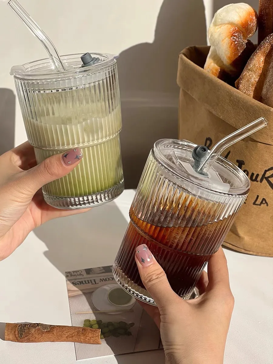 Glass Tumbler With Lid And Straw 450ml Stripe Glass Cup Transparent Cup Drinkware Glass Tumbler With Lid And Straw 450ml Stripe Glass Cup Transparent Cup Drinkware