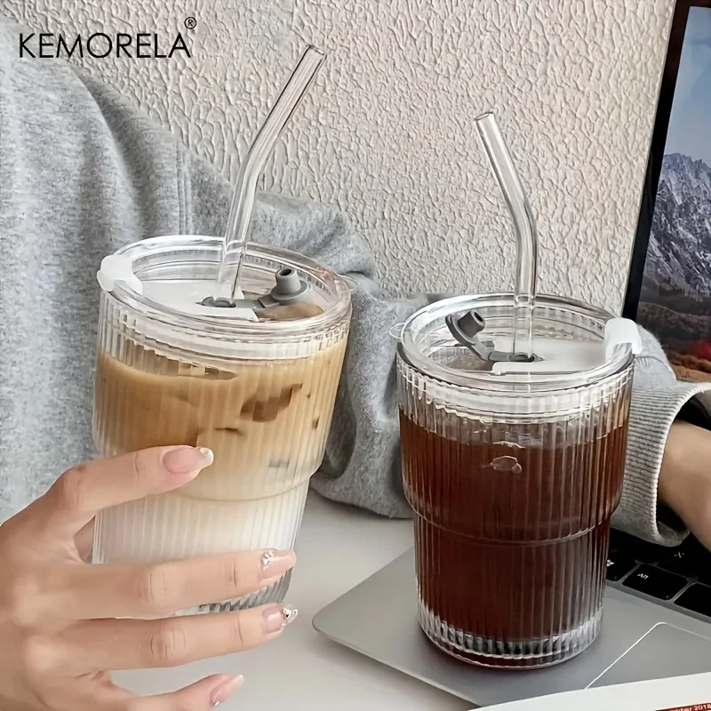 Glass Tumbler With Lid And Straw 450ml Stripe Glass Cup Transparent Cup Drinkware Glass Tumbler With Lid And Straw 450ml Stripe Glass Cup Transparent Cup Drinkware