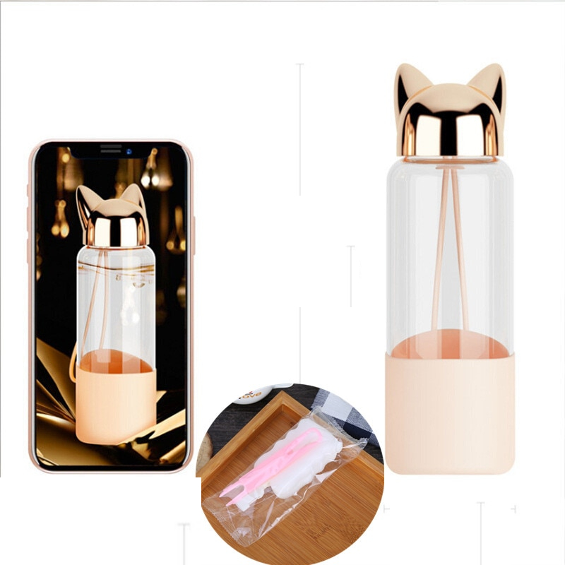 Glass Water Bottle Cat Ears Design Glass Water Bottle Cat Ears Design