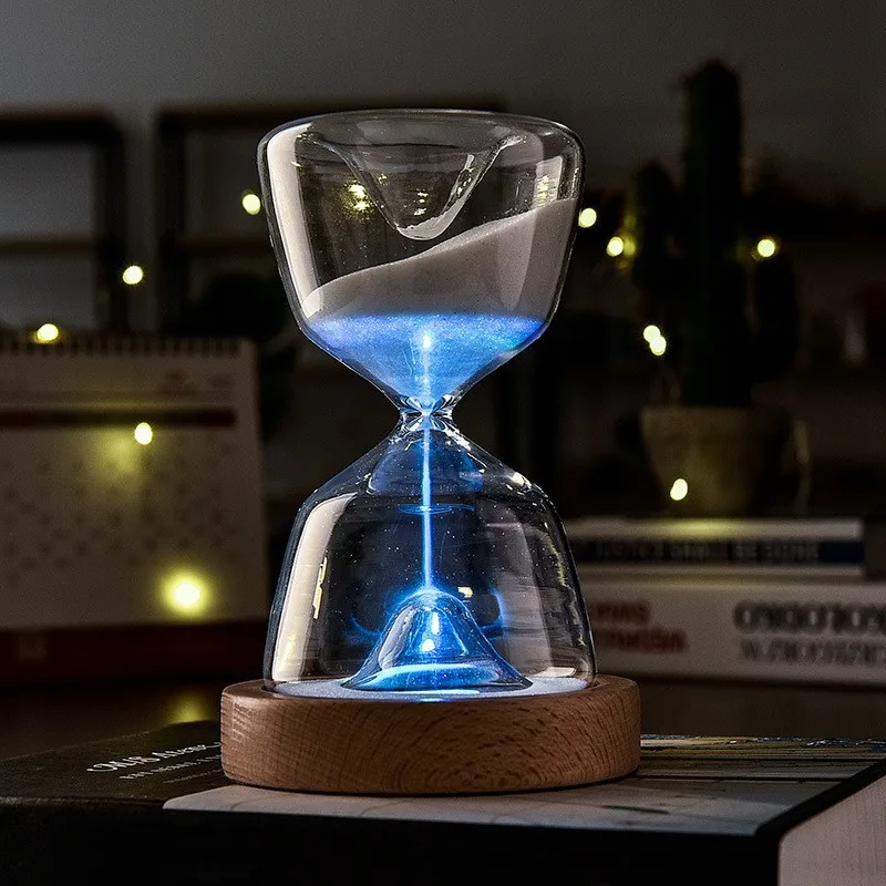 Glowing Glass Hourglass Night Light 15 Minutes Timer Sleep Aid Sand Clock Decorative Lamp Gift