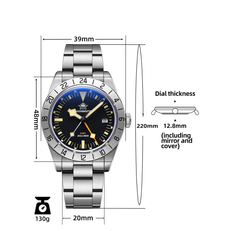 GMT Watch Men's 39mm Diver Luminous Calendar Display Stainless Steel 20ATM Quartz Watch Reloj Hombre