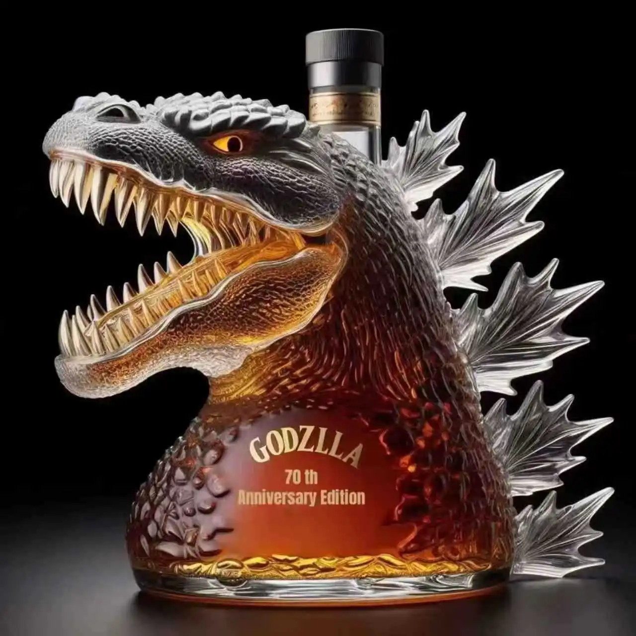 Godzilla Shaped Liquor Bottle – Creativity Style Glass Decanter with Metal Pin Stopper, Whiskey/Rum Storage