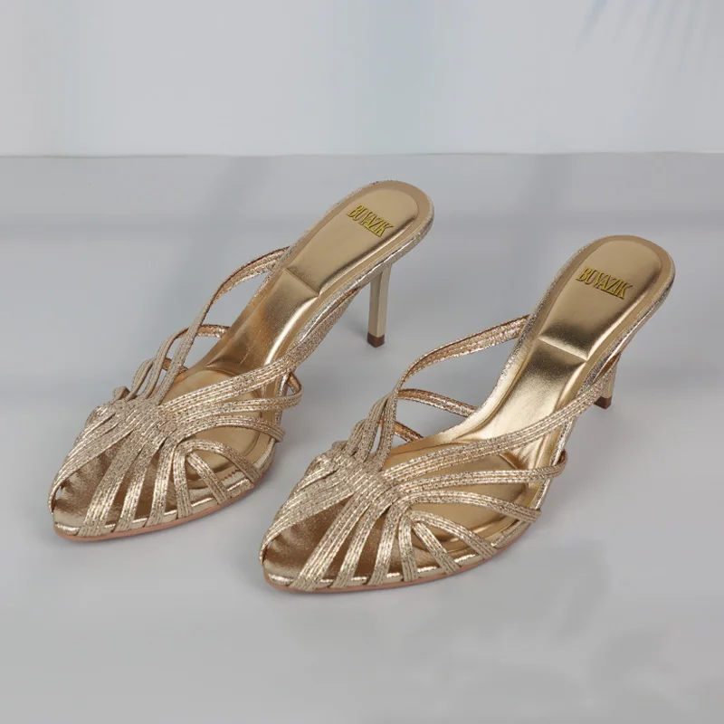 Gold Hollow Thin Strip Heels for Women Luxury Pointed Toe Heeled Pumps Office Lady Mules Summer Stiletto Shoe Sandals