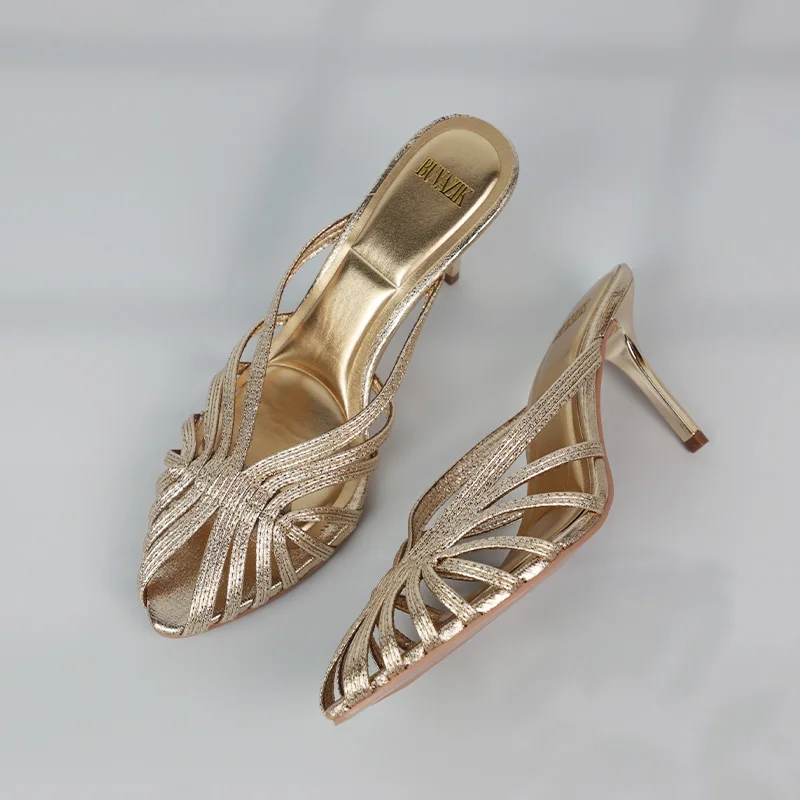 Gold Hollow Thin Strip Heels for Women Luxury Pointed Toe Heeled Pumps Office Lady Mules Summer Stiletto Shoe Sandals