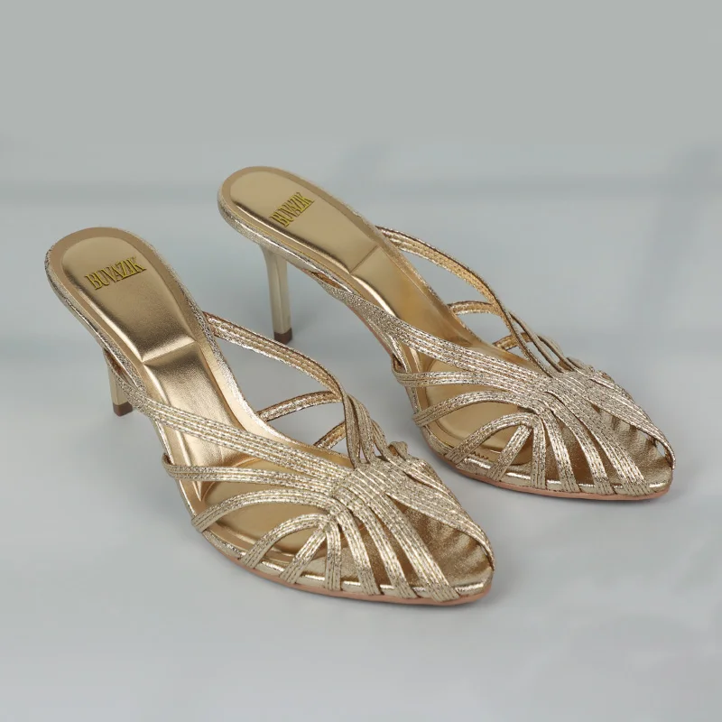 Gold Hollow Thin Strip Heels for Women Luxury Pointed Toe Heeled Pumps Office Lady Mules Summer Stiletto Shoe Sandals