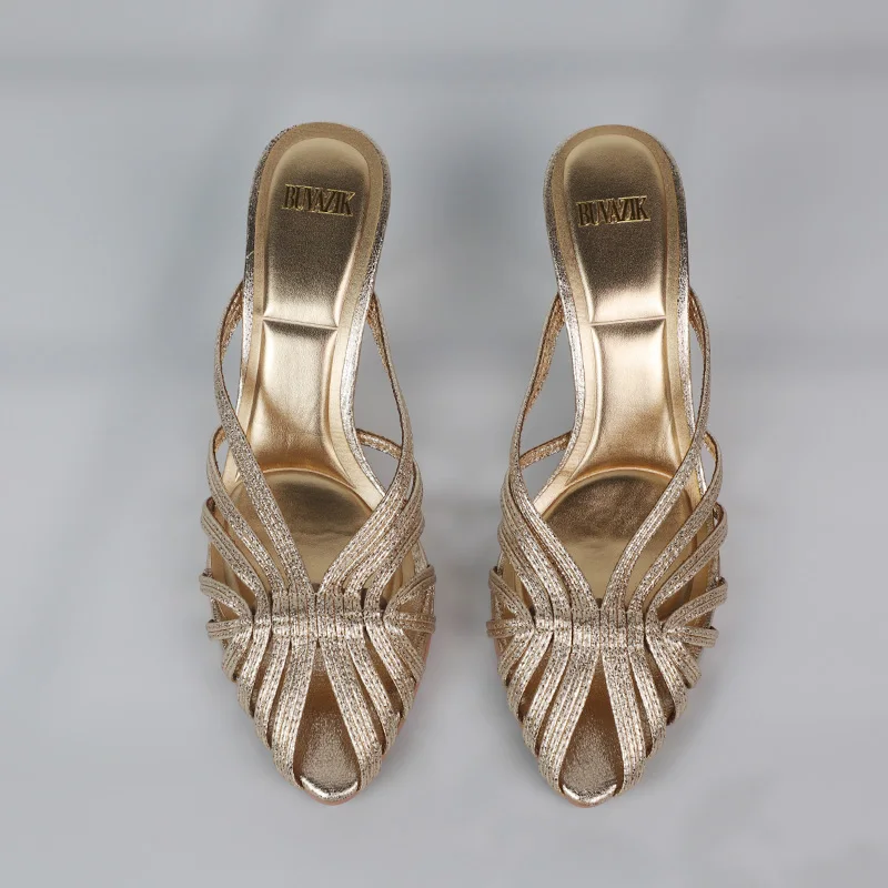 Gold Hollow Thin Strip Heels for Women Luxury Pointed Toe Heeled Pumps Office Lady Mules Summer Stiletto Shoe Sandals