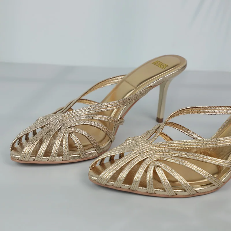 Gold Hollow Thin Strip Heels for Women Luxury Pointed Toe Heeled Pumps Office Lady Mules Summer Stiletto Shoe Sandals