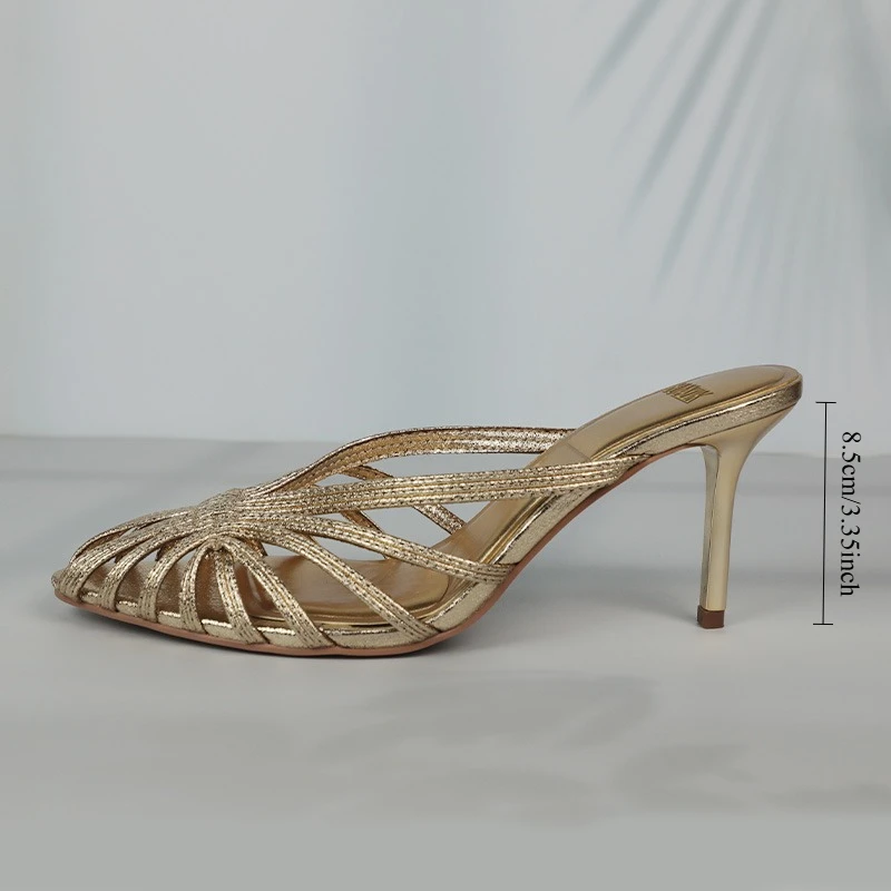 Gold Hollow Thin Strip Heels for Women Luxury Pointed Toe Heeled Pumps Office Lady Mules Summer Stiletto Shoe Sandals
