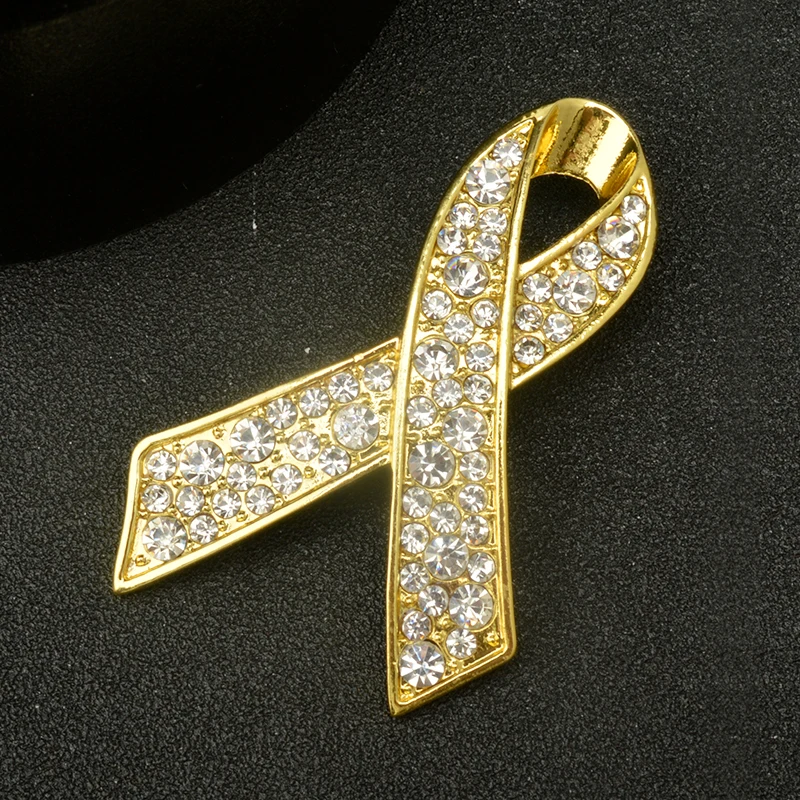 Gold Ribbon Awareness Brooch – Crystal-Encrusted Pin for Support Causes, Breast Cancer, Memorial, or Solidarity –