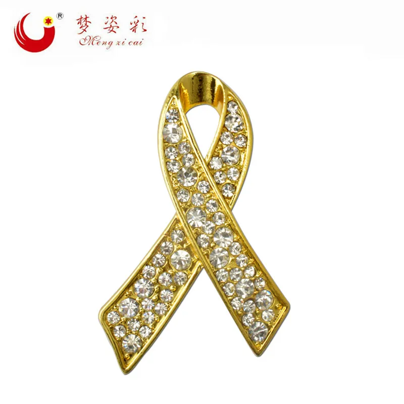 Gold Ribbon Awareness Brooch – Crystal-Encrusted Pin for Support Causes, Breast Cancer, Memorial, or Solidarity –
