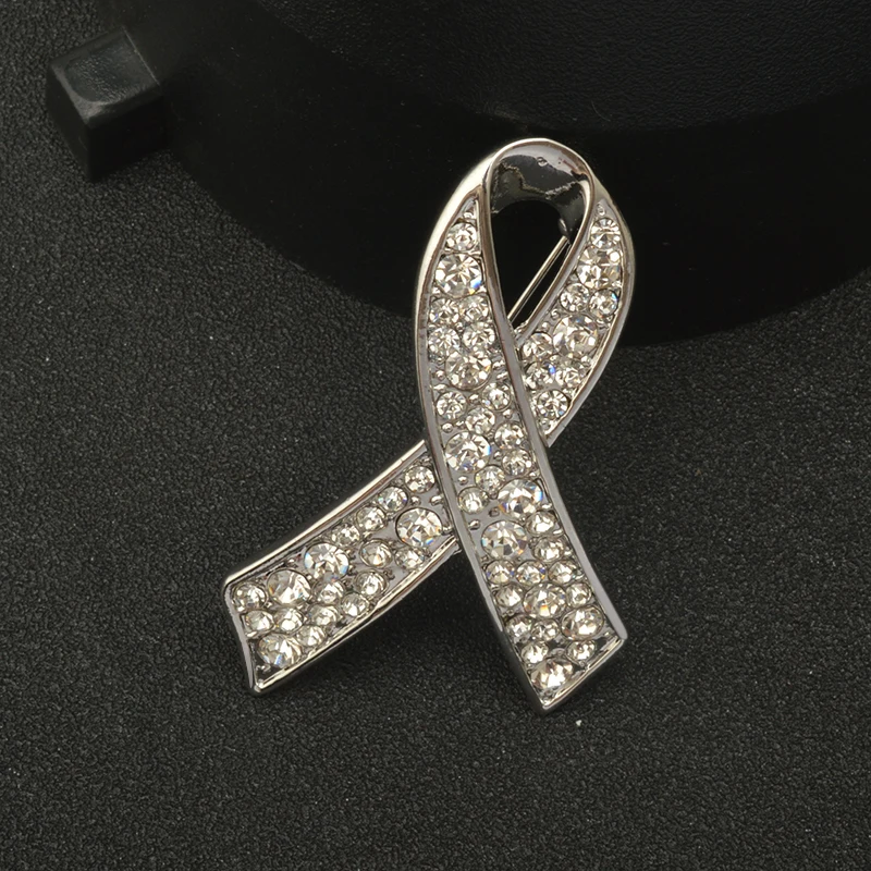 Gold Ribbon Awareness Brooch – Crystal-Encrusted Pin for Support Causes, Breast Cancer, Memorial, or Solidarity –