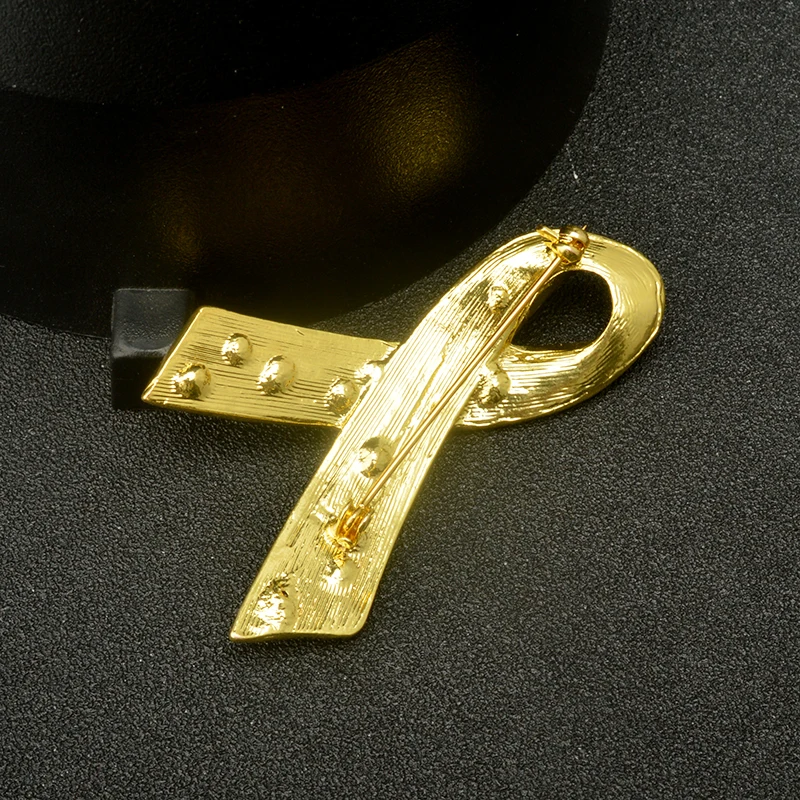 Gold Ribbon Awareness Brooch – Crystal-Encrusted Pin for Support Causes, Breast Cancer, Memorial, or Solidarity –