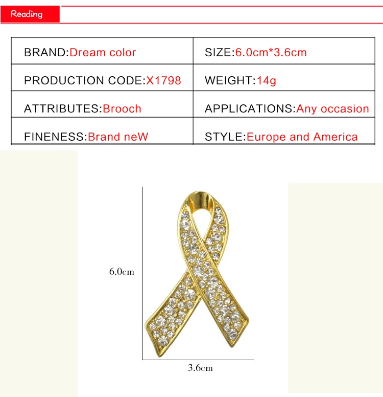 Gold Ribbon Awareness Brooch – Crystal-Encrusted Pin for Support Causes, Breast Cancer, Memorial, or Solidarity –