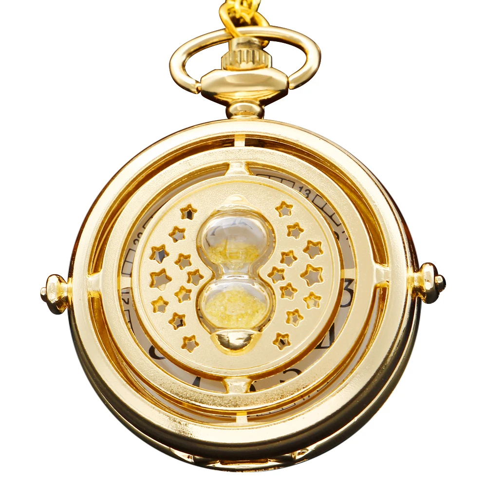 Golden Hourglass Star Men's and Women's Quartz Pocket Watch Vintage Fashion Necklace Pendant Student Festival Gift Golden Hourglass Star Men's and Women's Quartz Pocket Watch Vintage Fashion Necklace Pendant Student Festival Gift