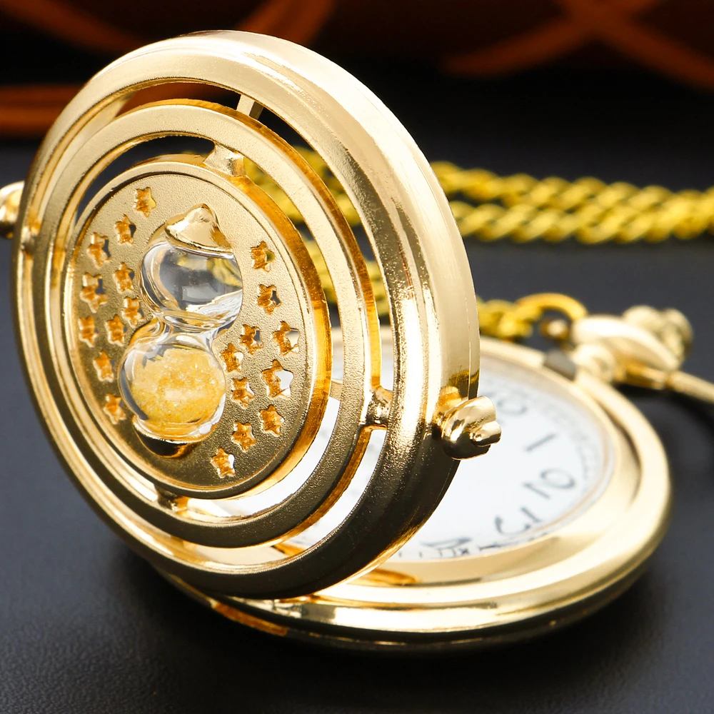 Golden Hourglass Star Men's and Women's Quartz Pocket Watch Vintage Fashion Necklace Pendant Student Festival Gift Golden Hourglass Star Men's and Women's Quartz Pocket Watch Vintage Fashion Necklace Pendant Student Festival Gift