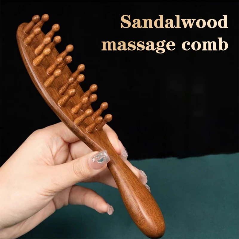 Golden Sandalwood Comb Head Meridian Comb Natural Sandalwood Long Handle Comb Multifunction Insert Teeth Massage Comb
