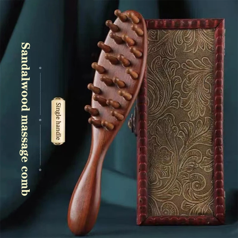 Golden Sandalwood Comb Head Meridian Comb Natural Sandalwood Long Handle Comb Multifunction Insert Teeth Massage Comb