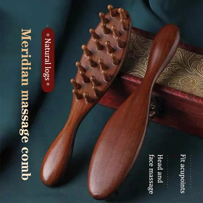 Golden Sandalwood Comb Head Meridian Comb Natural Sandalwood Long Handle Comb Multifunction Insert Teeth Massage Comb