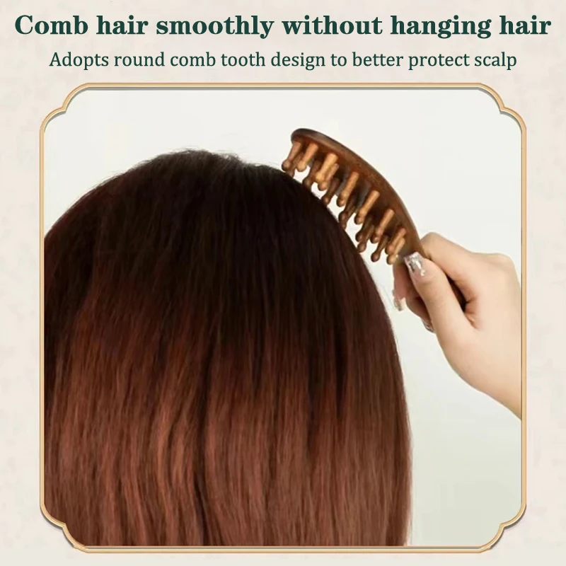 Golden Sandalwood Comb Head Meridian Comb Natural Sandalwood Long Handle Comb Multifunction Insert Teeth Massage Comb