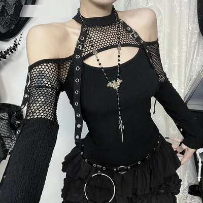 Goth Dark Punk Grunge Fishnet Patchwork Off Shoulder T-shirts Trim Corn Strap Halter Tops Autumn Mall Gothic Streetwear Goth Dark Punk Grunge Fishnet Patchwork Off Shoulder T-shirts Trim Corn Strap Halter Tops Autumn Mall Gothic Streetwear
