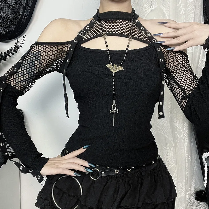 Goth Dark Punk Grunge Fishnet Patchwork Off Shoulder T-shirts Trim Corn Strap Halter Tops Autumn Mall Gothic Streetwear Goth Dark Punk Grunge Fishnet Patchwork Off Shoulder T-shirts Trim Corn Strap Halter Tops Autumn Mall Gothic Streetwear
