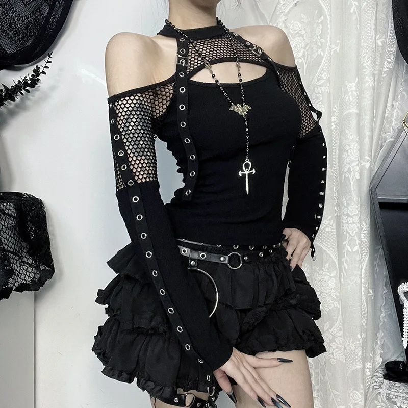 Goth Dark Punk Grunge Fishnet Patchwork Off Shoulder T-shirts Trim Corn Strap Halter Tops Autumn Mall Gothic Streetwear Goth Dark Punk Grunge Fishnet Patchwork Off Shoulder T-shirts Trim Corn Strap Halter Tops Autumn Mall Gothic Streetwear