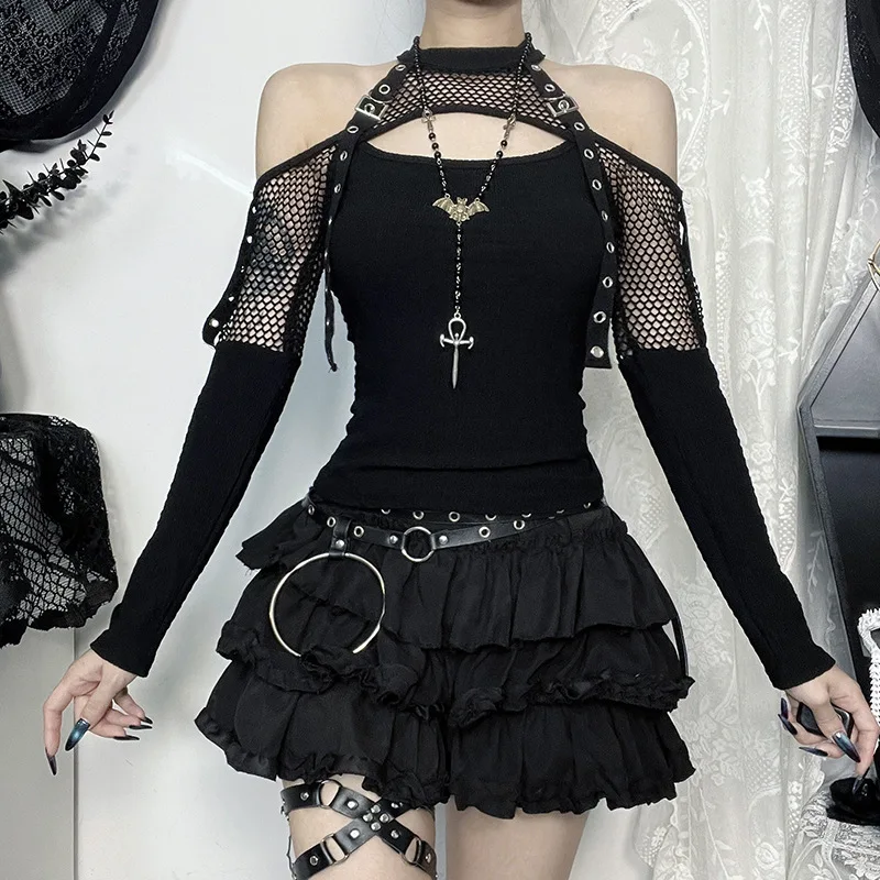 Goth Dark Punk Grunge Fishnet Patchwork Off Shoulder T-shirts Trim Corn Strap Halter Tops Autumn Mall Gothic Streetwear Goth Dark Punk Grunge Fishnet Patchwork Off Shoulder T-shirts Trim Corn Strap Halter Tops Autumn Mall Gothic Streetwear