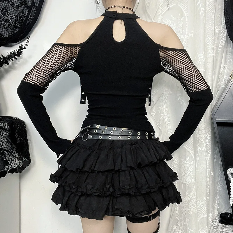 Goth Dark Punk Grunge Fishnet Patchwork Off Shoulder T-shirts Trim Corn Strap Halter Tops Autumn Mall Gothic Streetwear Goth Dark Punk Grunge Fishnet Patchwork Off Shoulder T-shirts Trim Corn Strap Halter Tops Autumn Mall Gothic Streetwear