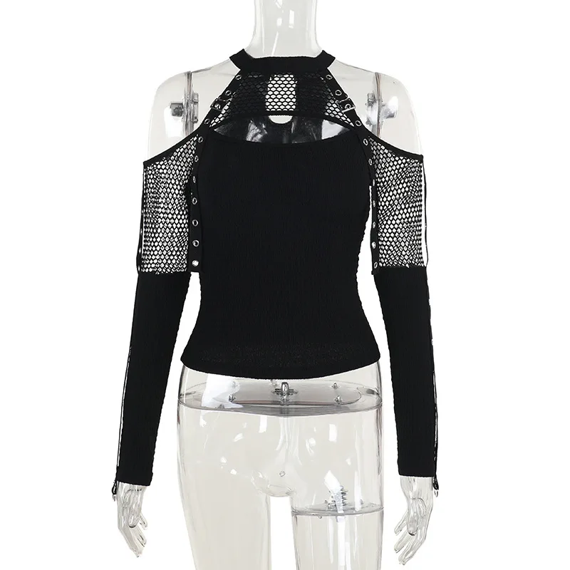 Goth Dark Punk Grunge Fishnet Patchwork Off Shoulder T-shirts Trim Corn Strap Halter Tops Autumn Mall Gothic Streetwear Goth Dark Punk Grunge Fishnet Patchwork Off Shoulder T-shirts Trim Corn Strap Halter Tops Autumn Mall Gothic Streetwear